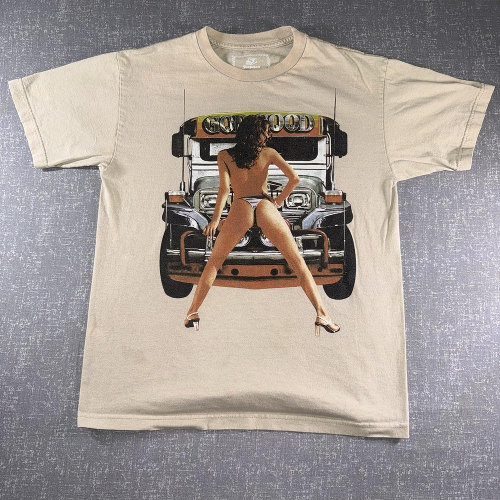 Jeepney Shirt Mens Medium Beige Pinup Girl Jeep Bus Graphic Tee USA Automotive